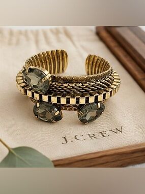 ✨J.Crew Vintage Antique Gold Finish Cuff Bracelet | Smoky Gray Faceted Crystals✨